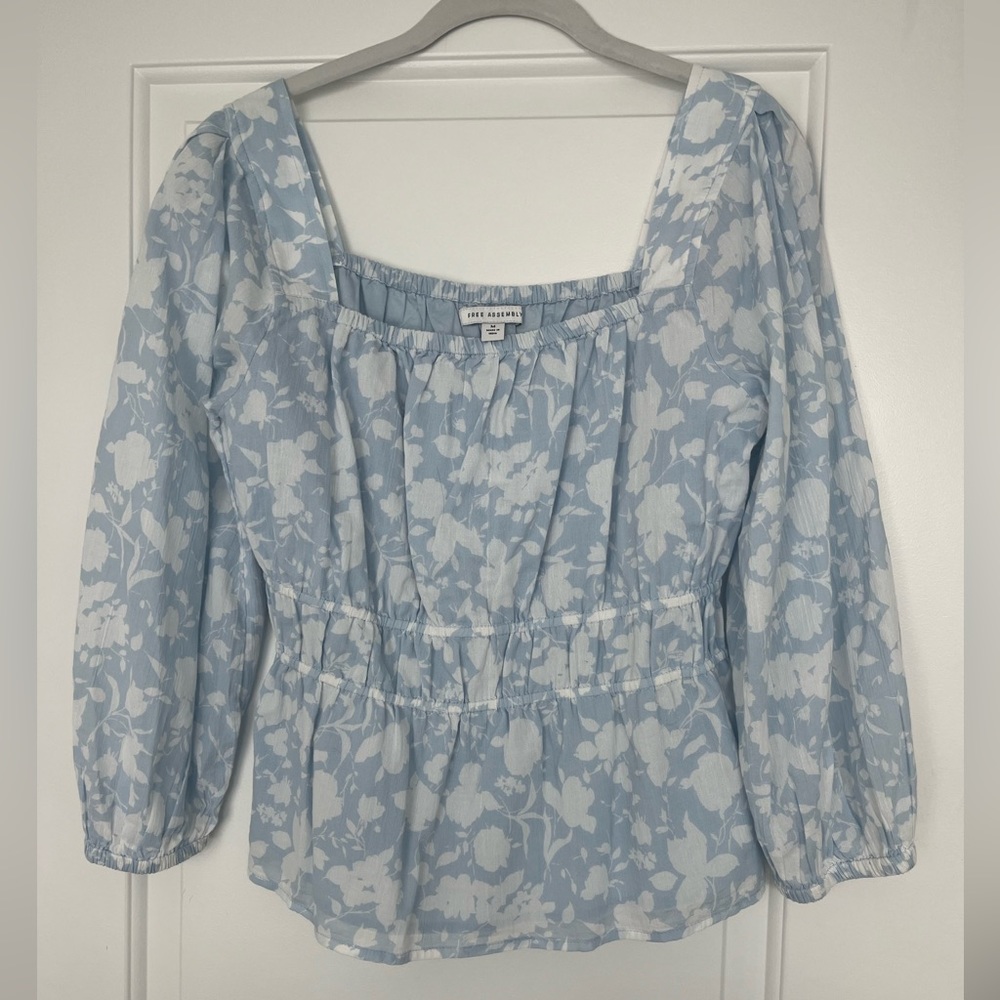 Free Assembly Long Sleeve Blue Floral Blouse